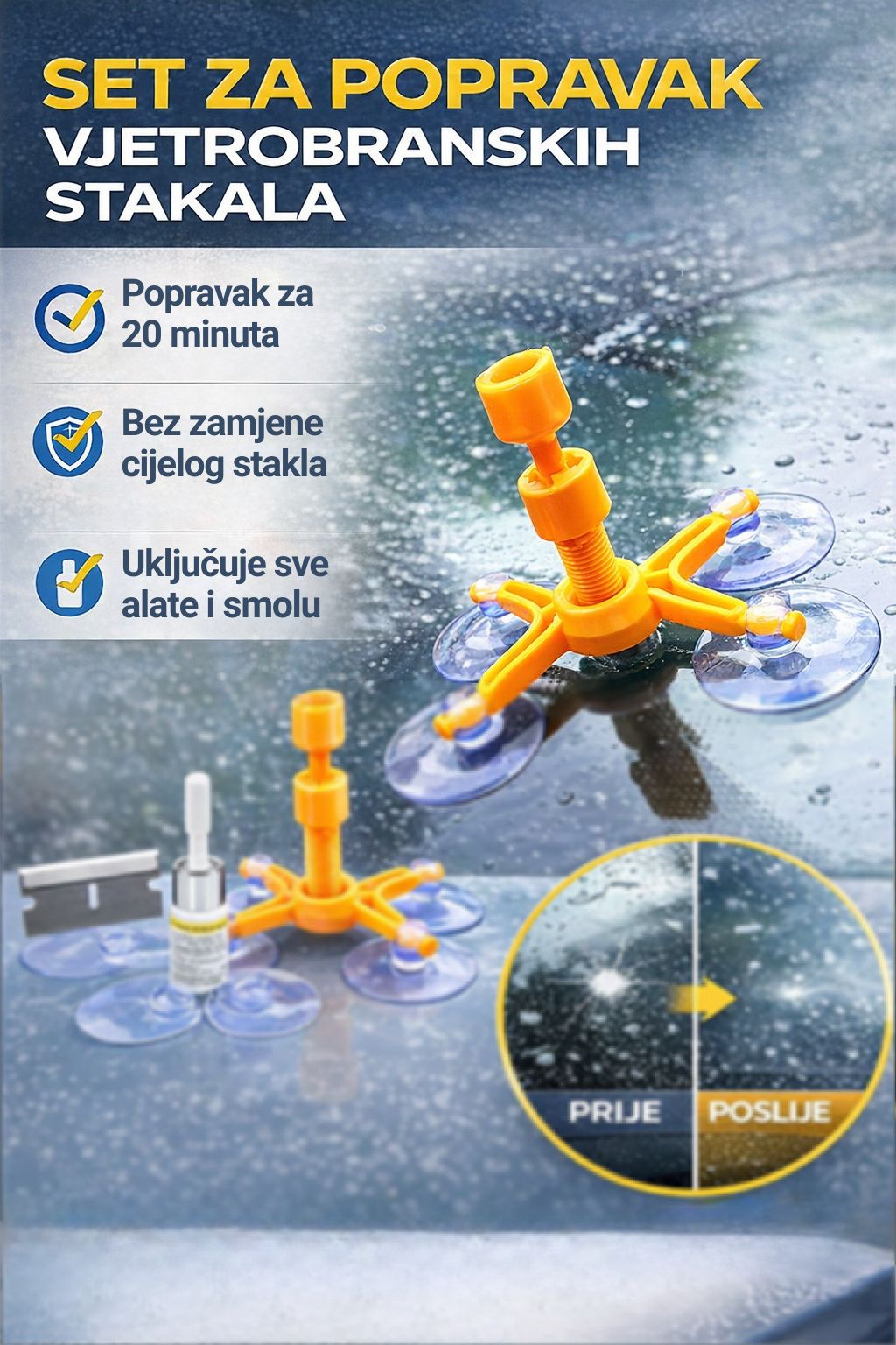 Ljepilo za vjetrobransko staklo – set za popravak šoferšajbe. Brzi popravak vjetrobranskog stakla bez servisa – uštedite vrijeme i novac 🚗  1+1 GRATIS