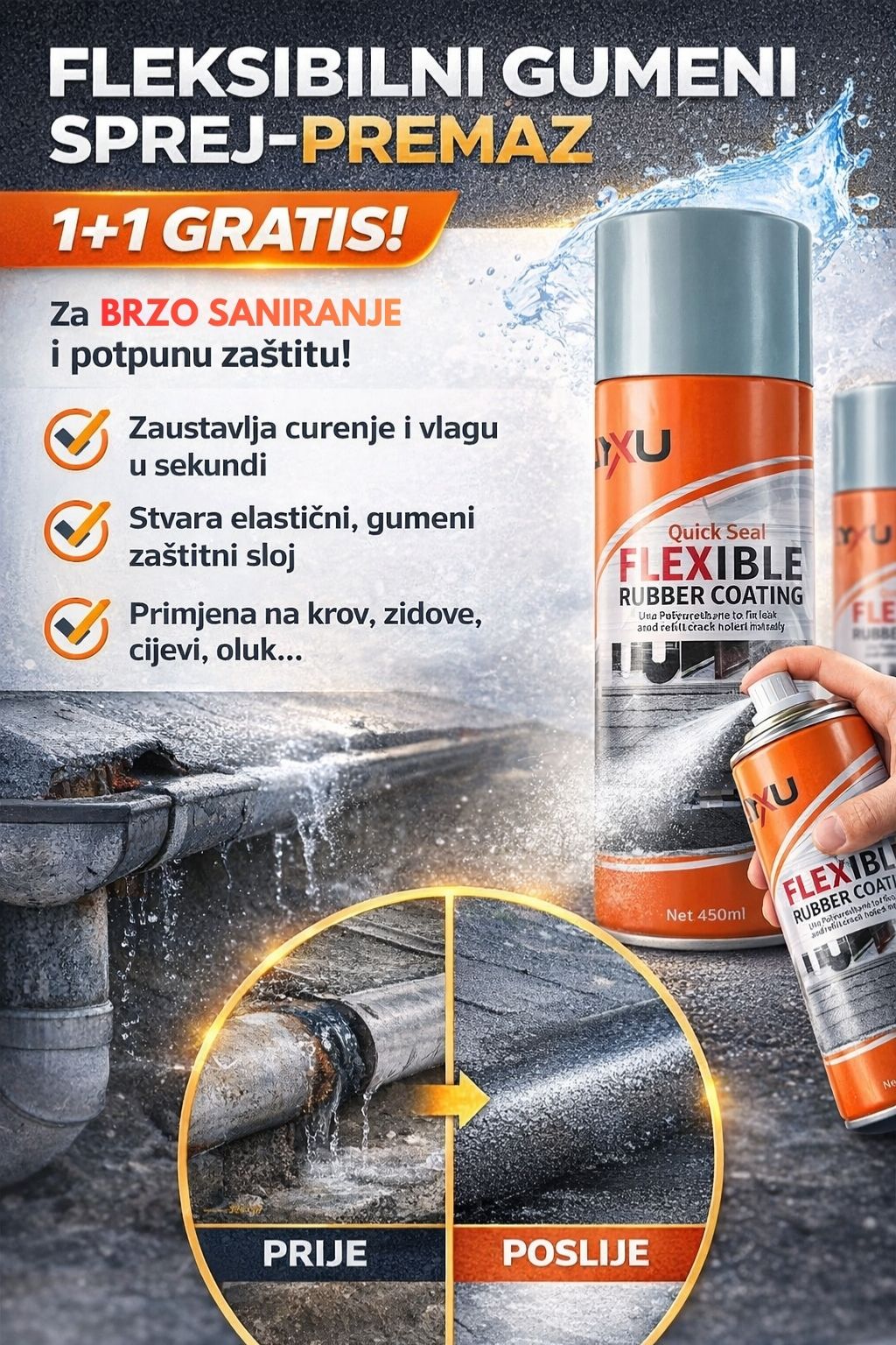Fleksibilni gumeni sprej–premaz. Brzo brtvljenje i potpuna zaštita 💧1+1 GRATIS