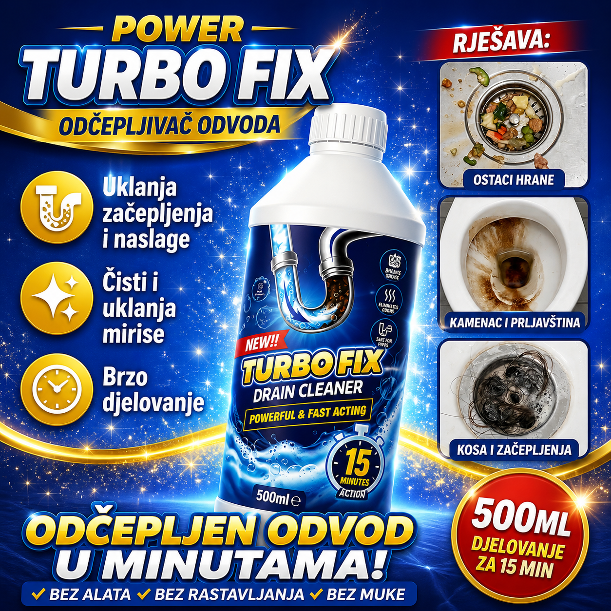 Turbo Fix sredstvo za odčepljivanje odvoda – ODČEPLJEN ODVOD U NEKOLIKO MINUTA BEZ MUKE!